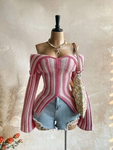 Soleia 女式条纹露肩喇叭袖开衩下摆针织毛衣 - 粉色 - 查看 4