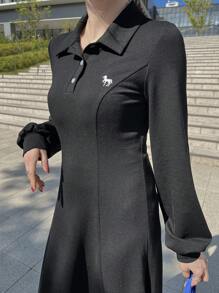 FRIFUL 女式黑色纯色领长袖收腰刺绣连衣裙，修身长裙，适合户外穿着，秋季 - 黑色 - 查看 7