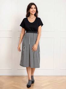 SHEIN LUNE Women Houndstooth Pleated Skirt, Elegant Autumn Valentine's Day New Years Women Spring - Black and White - View 4