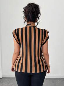 Elenzga Plus Size Casual/Office Black & White Striped Tie Sleeve Design Blouse - Multicolor - View 3