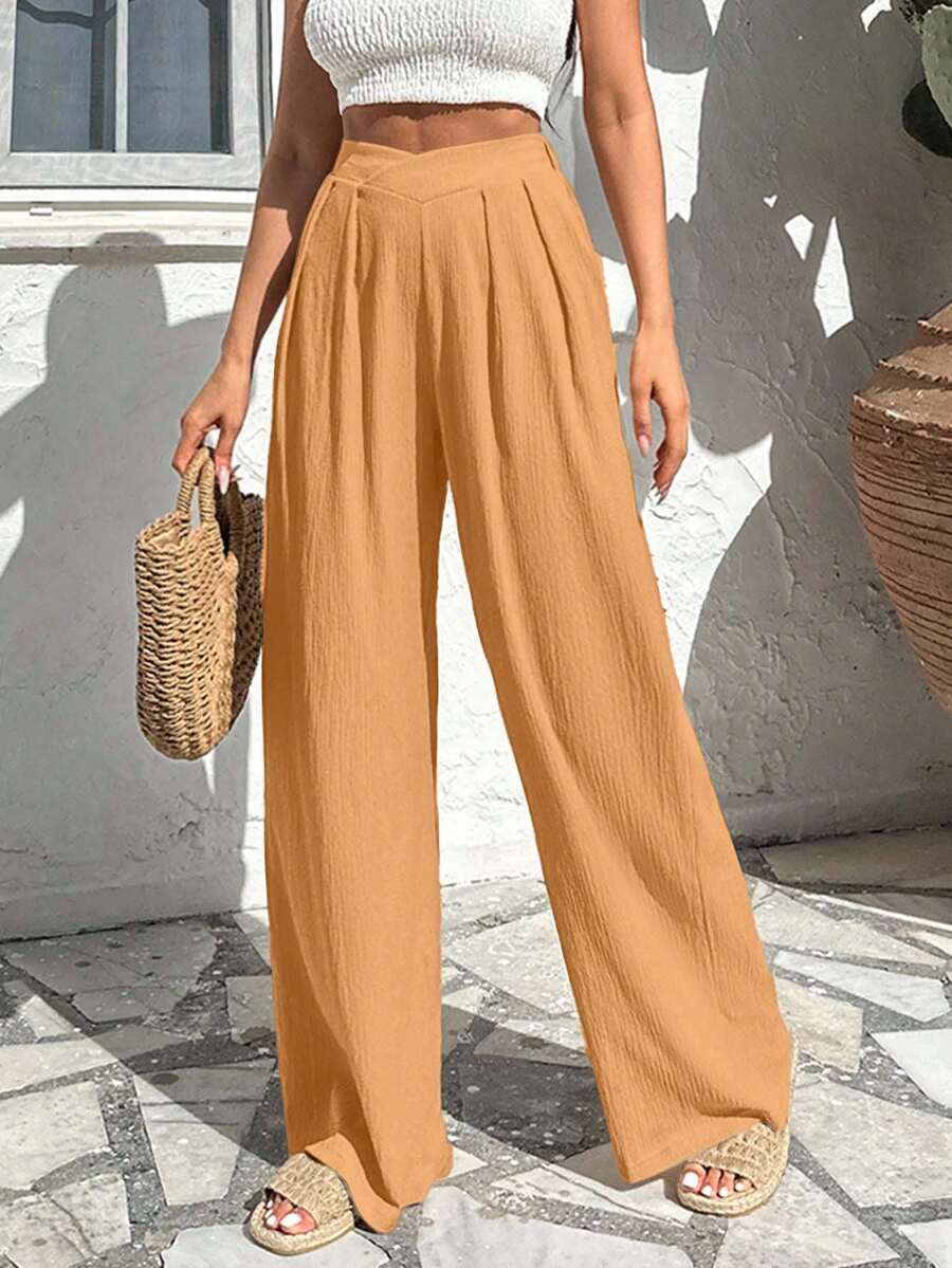 EURMUSE Women's Casual Solid Color Pleated Textured Loose Pants - Camel - View 1