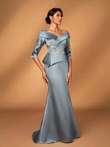 Serin Elegantes, luxuriöses Satin-Kleid mit Perlenstickerei und Spitze, Off-Shoulder Ärmel, Rüschen und Meerjungfrauenschnitt, geeignet für Hochzeiten, Partys, Urlaub, Galas, Konzerte, Abende, Brautmutterkleid