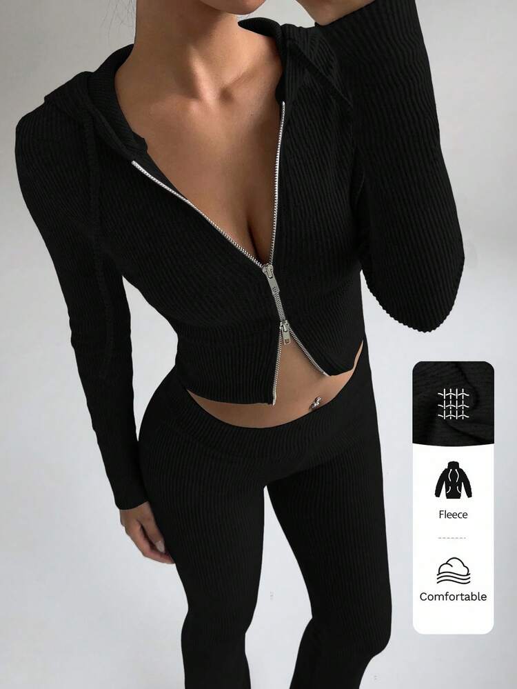 FavEase Beige Fleece Ribbeltextuur Zip Up Cropped Hoodie En Retro Flared Leg Broek All-Match Casual Sport Set Voor Vrouwen, Minimalistische Essentiële Garderobe, Lente & Herfst - Zwart - Bekijken 1