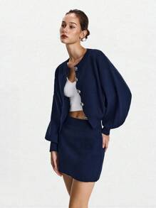 Lumivelle Women's Metal Flower Long Sleeve Single-Breasted Knit Cardigan And Versatile Mini Knit Skirt 2 Pieces Set Fall Winter Cloth For Women - Royal Blue - View 7