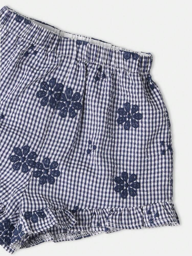 Ribbed T-Shirt With Heart Print And Gingham Ruffle Shorts