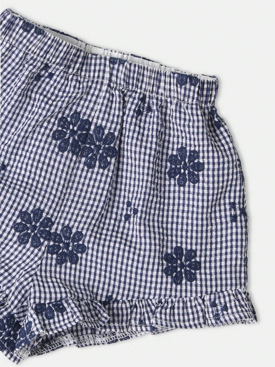 Ribbed T-Shirt With Heart Print And Gingham Ruffle Shorts