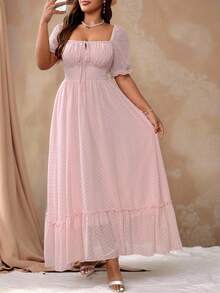 Roveilla Plus Size Sweet Romantic Pink Square Neck Bow Tie Ruffle Hem Long Dress Easter Wear - Pink - View 3