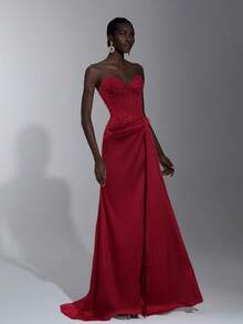 Elitara Áo corset satin phối ren thanh lịch với phần ngực xuyên thấu, eo xếp ly, bèo nhún xếp tầng và gấu áo đuôi cá, thích hợp cho kỳ nghỉ, hẹn hò, tiệc sinh nhật, đám cưới, lễ tốt nghiệp, dạ hội trang trọng, ngày Valentine. - Đỏ - Xem 6