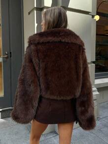 Aloruh 女式复古时尚前开仿毛领夹克，冬季外套 - 巧克力棕 - 查看 2