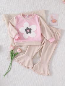 SHEIN Playful Pals Kleine Mädchen Set aus kontrastfarbigem Top mit Blumenstickerei und weiter Hose - Verschiedenfarbig - Übersicht 3