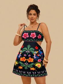 Travachic Plus Size Tropical Colorful Parrot Print Hollow Back Sleeveless Casual Summer Holiday Dress - Black - View 5