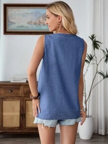 SHEIN LUNE 女款夏季休閒鈕扣裝飾V領無袖牛仔上衣 - 藍色 - 查看 2