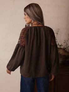 LanaWest Women's Mesh Embroidered Floral Pleated V-Neck Long Sleeve Blouse Top, Tie Neck Brown Top, Suitable For Western Style Fall Cloth For Women - Coffee Brown - View 2