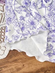 Snug Zone 3pcs Women Floral Ruffle Trim Tie Waist Pajama Set - Purple - View 6