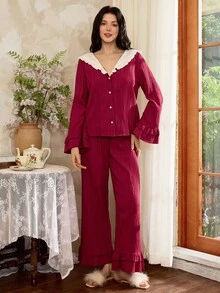 Côtesoire Bộ đồ ngủ ren xếp nếp màu tương phản lãng mạn thanh lịch dành cho nữ, trang phục thu đông - Màu Đỏ Sâu - Xem 3