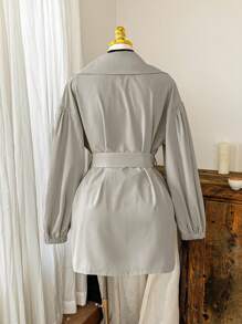 Comfortcana Plus Size Solid Color Turndown Collar Button Tie Belt Casual Minimalist Trench Coat,Fall Clothes For Women Winter Autumn