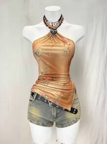 EgrlEra Women Summer Vacation Style Floral Print Ruched Asymmetrical Hem Open Back Fitted Halter Blouse - Coffee Brown - View 1