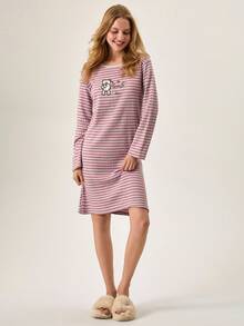 Loomlin Women Cotton Round Neck Rib Knit Striped Cute Bear&Letter Embroidery Detail Long Sleeve Homewear Pajama Sleep Dress - Multicolor - View 5