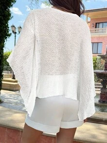 Aloruh Áo choàng cổ chữ V dệt kim Jacquard khoét lỗ thời trang mới, màu mơ đa năng, phong cách du lịch, nhẹ nhàng, mặc được nhiều lần - trắng - Xem 3