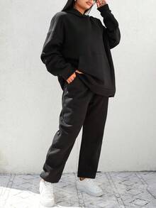 SHEIN Cottnline Cotton Plus Pocket Drop Shoulder Hoodie & Sweatpants - Black - View 6