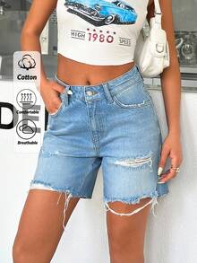 EURMUSE 低腰斜口袋破洞水洗牛仔短裤 - 中等水洗藍 - 查看 1