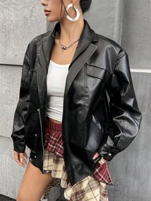 SHEIN ICON Áo khoác da PU cổ kép 2 trong 1 giản dị Áo khoác da đen Áo sơ mi da đen Áo khoác da đen cho nữ Áo sơ mi da cài nút màu đen Áo khoác da giả cho mùa thu/đông - màu đen - Xem 6