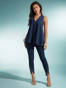 Denimoi 金属配件细节梯形露背 V 领无袖牛仔上衣 - 深色水洗藍 - 查看 2