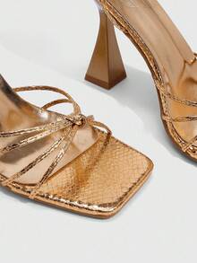 CUCCOO SZL Rose Gold Metallic Strap Tie-Up Metallic Chic Sexy High Heel Square Toe Sandals - Rose Gold - View 5