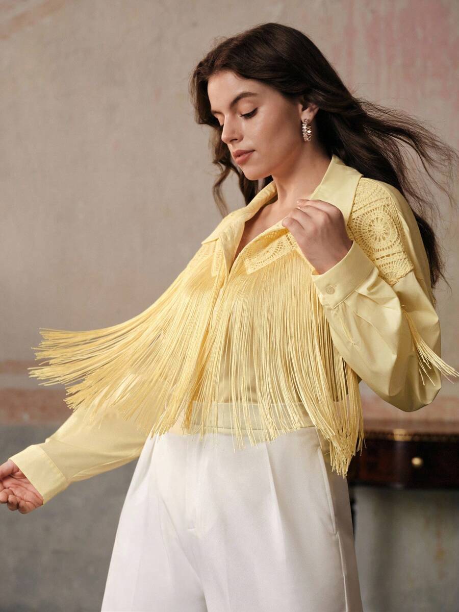Anewsta Plus Size Women Fringe Elegant Blouse - Yellow - View 1