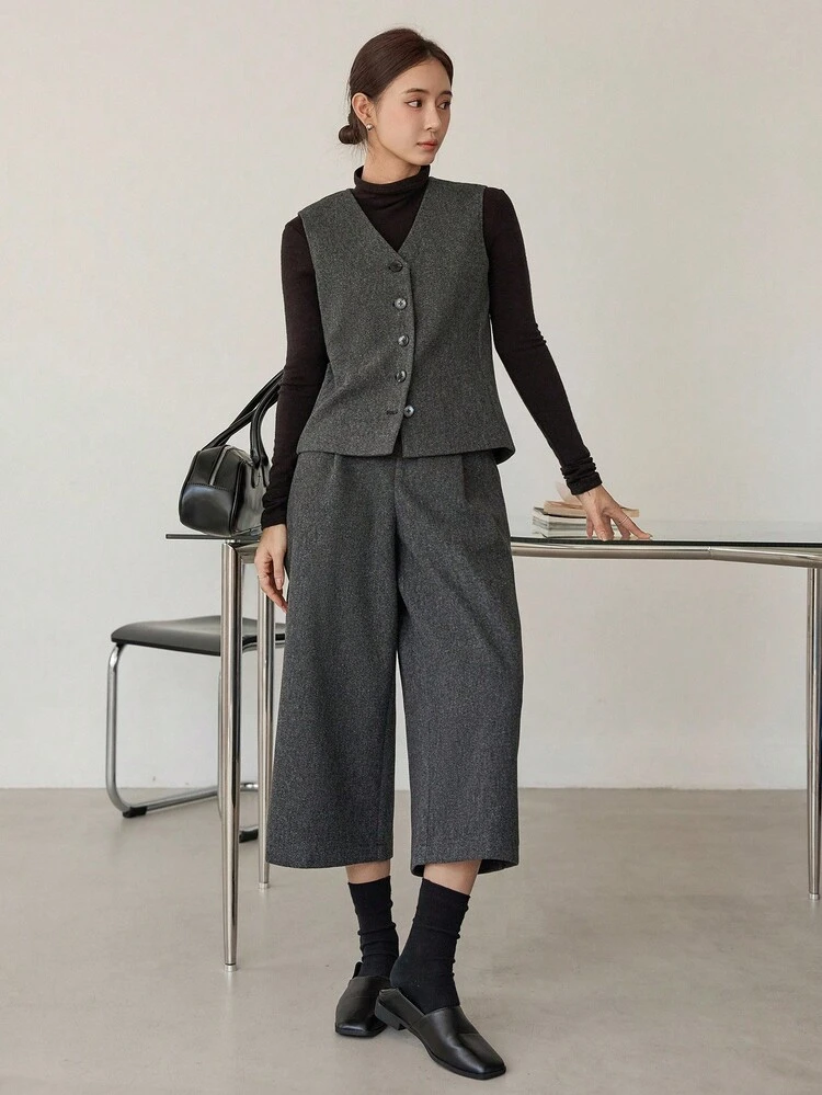 2pcs Women's Loose Business Casual Dark Floral Gray Vest And Straight Leg Pants Suit Set, Autumn/Winter