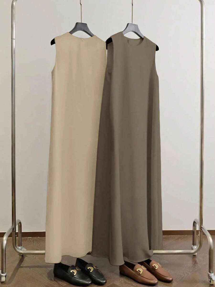 Al Najma Women's Solid Color Round Neck Elegant Sleeveless Arabic Dress