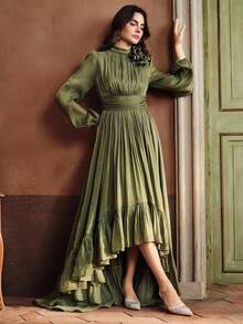 Anewsta 女式优雅 3D 花卉高领长灯笼袖荷叶边下摆高低连衣裙，秋季 - 綠色 - 查看 3