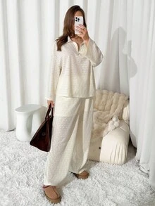 Auralis 大码纯色长袖上衣和裤子休闲两件套 - 杏色 - 查看 5