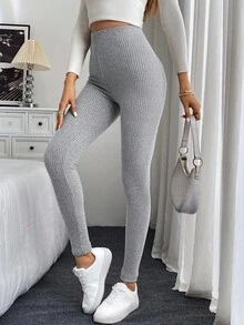 SHEIN LUNE Women's Fleece Ribbed Casual Leggings, High Waist Four Seasons