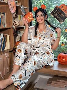 Plus Size Funny Halloween Element Printed Faux Silk Shirt & Pants Pajama Set, For Halloween Party - White - View 6