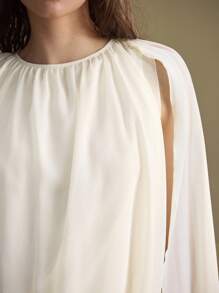 Ontre Women's Elegant Autumn Chiffon Top,Off-White Tea Party Ruched Drape Poncho Design,Western Bohemian Vintage Business Casual Versatile Wedding Guest - Yellow - View 7