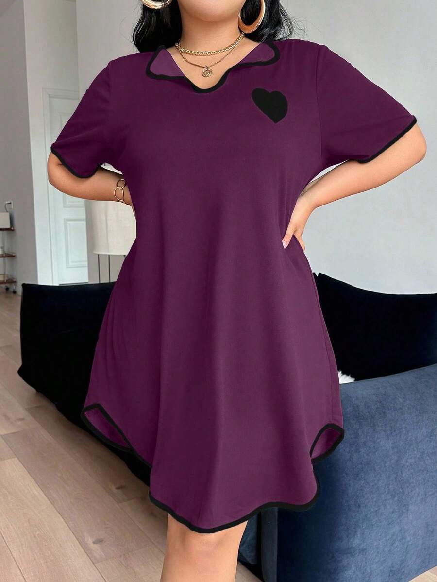 SHEIN 女士休闲睡衣迷你 T 恤连衣裙，撞色饰边，V 领 - 中紫紅色 - 查看 1