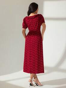 Modelyn 女士方领荷叶边腰短款泡泡袖波点中长连衣裙，酒红色 - 酒紅色 - 查看 3