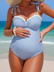 SHEIN Maternity Striped Ruffle Shoulder Tie Front One-Piece Swimsuit - Multicolor - View 3