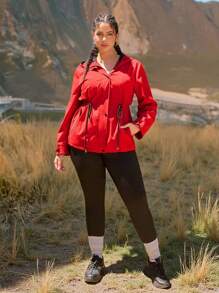 SHEIN VCAY 大码女式户外徒步防水连帽收腰长袖口袋夹克，适合秋冬季，红色 - 紅色 - 查看 7