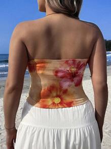 SHEIN EZwear 女士休闲简约度假热带花卉印花橙色抹胸短款上衣，适合夏季 - 白色 - 查看 2