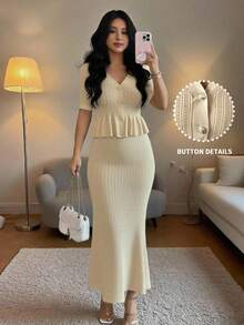 Elenzga 2pcs/Set Apricot V-Neck Ruffle Trim Cardigan And Long Dress Fall Winter Cloth For Women - Khaki - View 1