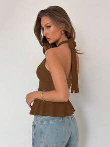 Rafferiza Women's V-Neck Ruffle Trim Sleeveless Camisole Top, Fitted Waist, Suitable For Spring, Music Festivals - Coffee Brown - View 2