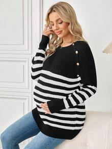 SHEIN 孕妇纽扣设计圆领长袖条纹休闲哺乳毛衣 - 黑與白 - 查看 6