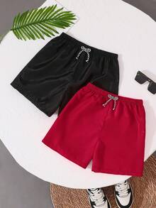 SHEIN 2 件套青少年男童纯色宽松梭织沙滩泳裤，休闲度假 - 紅色 - 查看 3