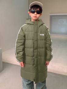 SHEIN 儿童/青少年男童休闲运动拼布派克大衣，厚连帽中长款梭织棉服，适合通勤、上学、日常休闲、旅行、运动、春夏秋冬 - 軍綠色 - 查看 4