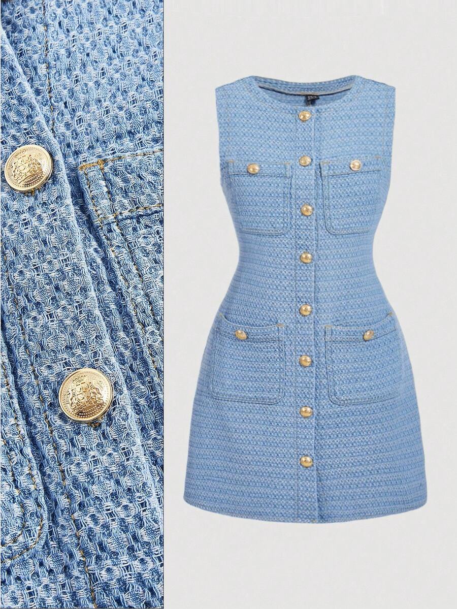 SHEIN MOD 女式优雅前扣口袋无袖牛仔连衣裙，夏季