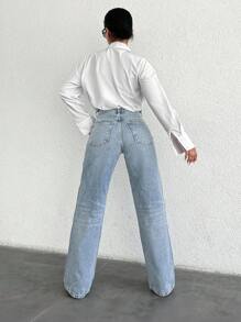 SHEIN PETITE Petite High Waist Casual Straight Jean Women Jeans High Waisted Petite Jeans For Women High Waisted Jeans Jeans Woman Women Jeans Plus Size Women S Clothes Women S Bottoms Women Summer Clothing Woman S Summer Clothes - Medium Wash - View 2