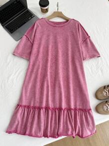 SHEIN Comfortcana Đầm thường ngày cổ tròn tay ngắn viền bèo nhún cỡ lớn mùa hè cho nữ - Màu Hồng Tươi - Xem 3