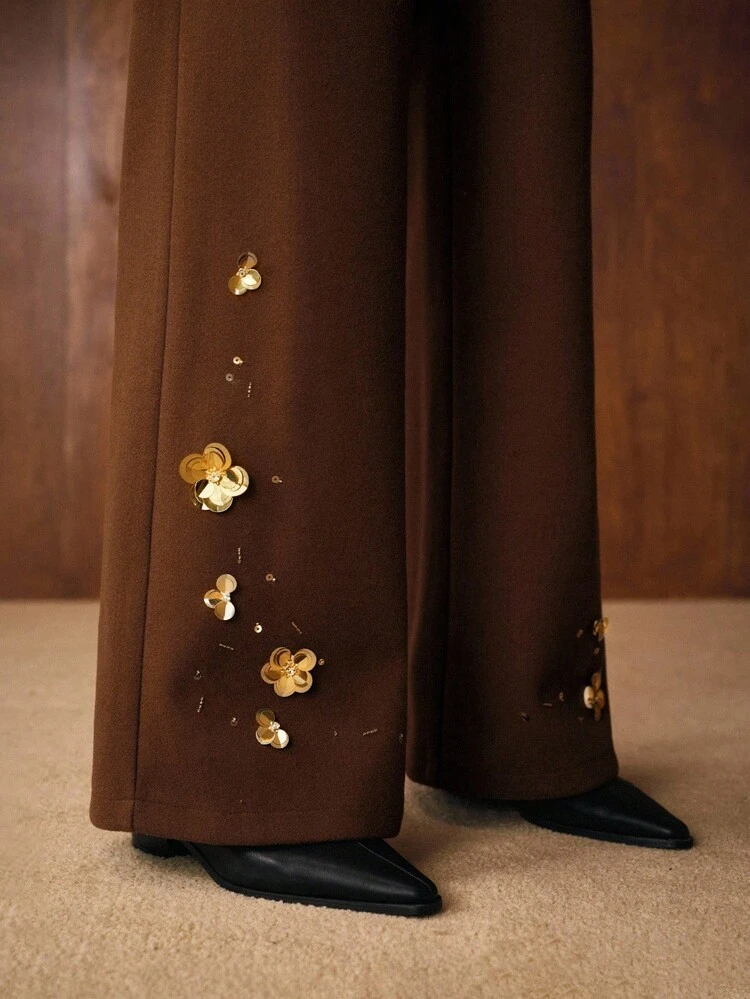 CONTRAST SEQUIN DETAIL SLANT POCKET WIDE LEG PANTS
